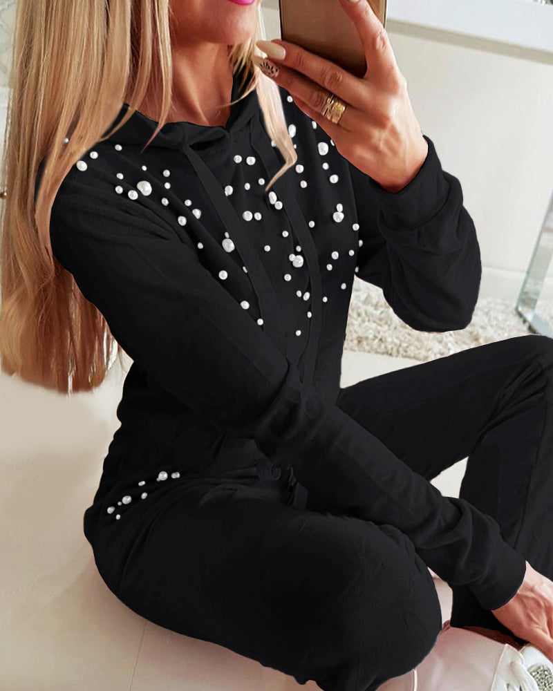 Beaded Hooded Top & Drawstring Pants Set