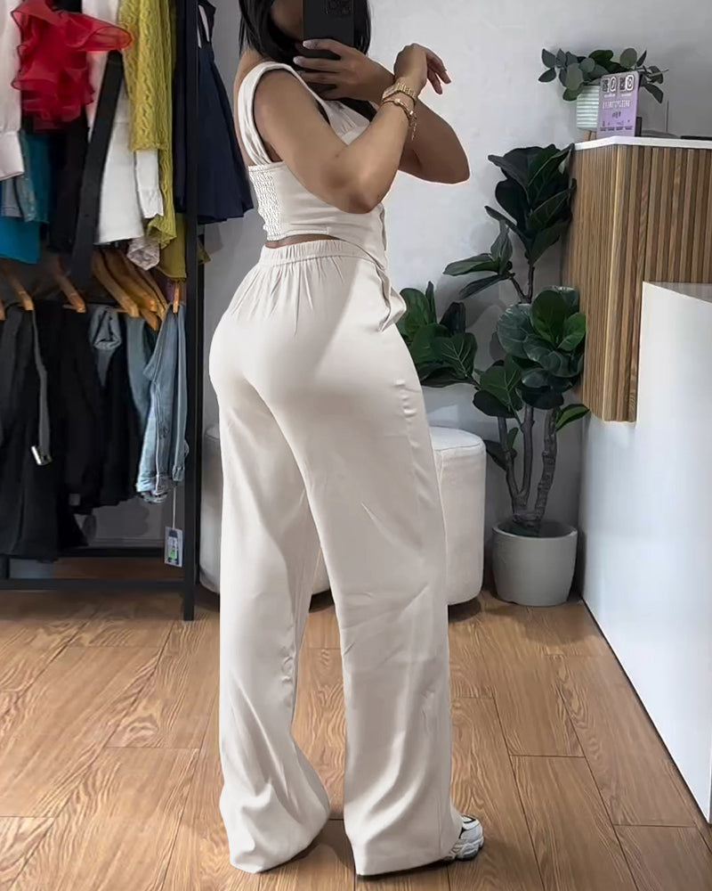2 Pieces Outfit Thick Strap Button Front Shirred Back Slim Fit Crop Top and Casual High Waist Zipper Fly Elastic Back Waist Wide Leg Pants Set
