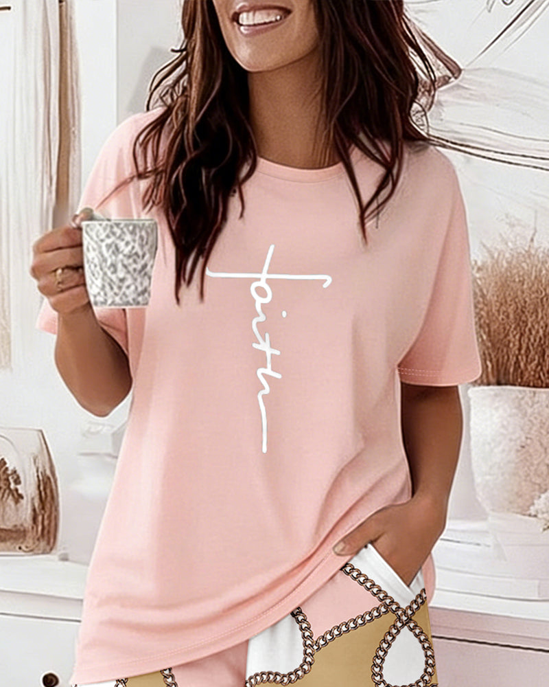 2 Pieces Outfit Faith Letter Print Round Neck Short Sleeve Top and Colorblock Chain Print Elastic Waist Shorts Set Casual Pajamas Set