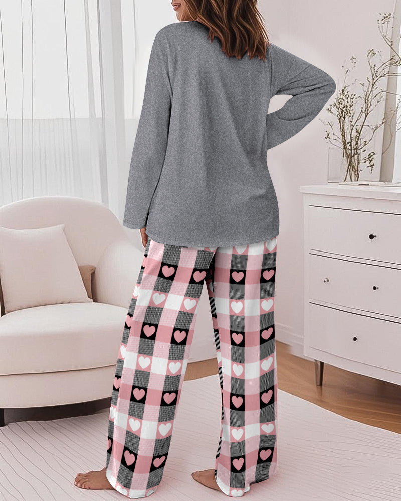 2 Pieces Outfit Good Night Slogan Print Long Sleeve Top and Plaid Print Elastic Waist Pants Set Casual Heart Print Pajamas Set