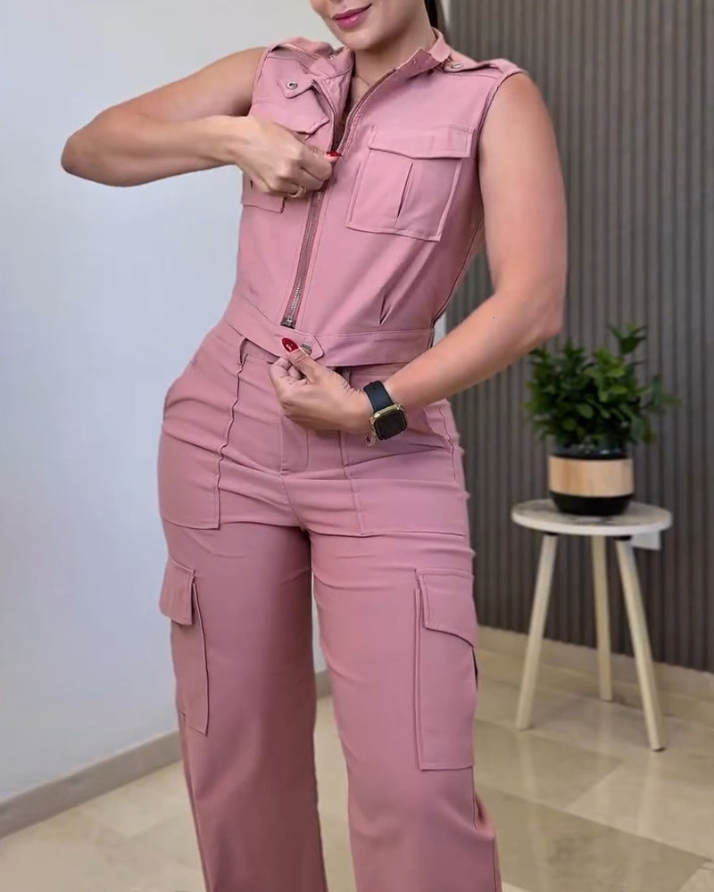 Stylish Plain Two-piece Set 3D Cargo Pockets Sleeveless Tank Top and Casual High Waist Wide Leg Pants Set