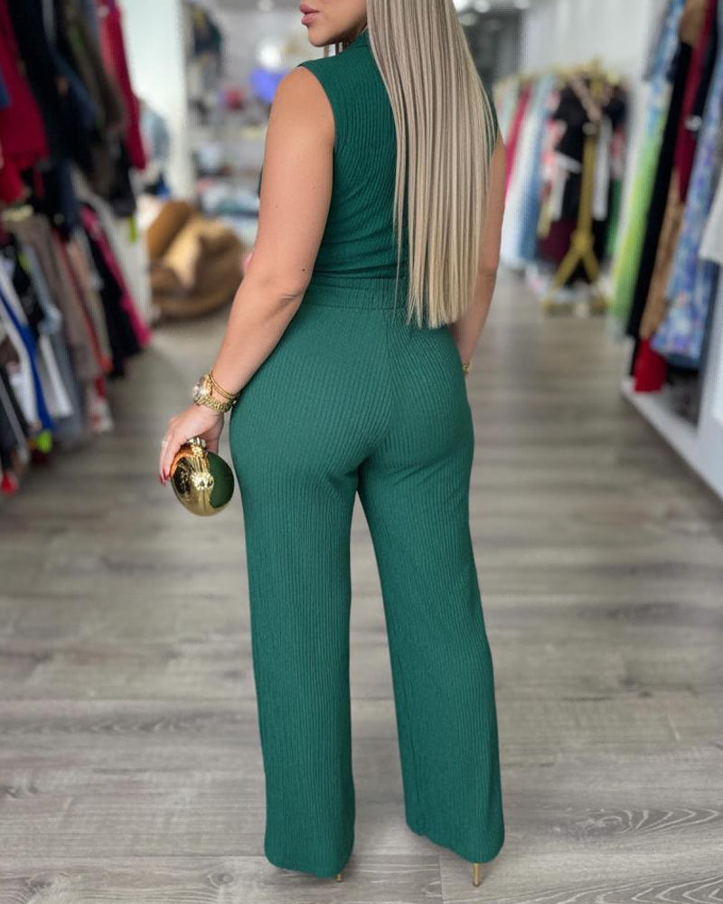 2 Pieces Outfit Overlap Deep V-Neck Sleeveless Side Button Decor Asymmetrical Hem Slim Fit Top and Elastic Waist Wide Leg Pants Set Casual Ribbed Set