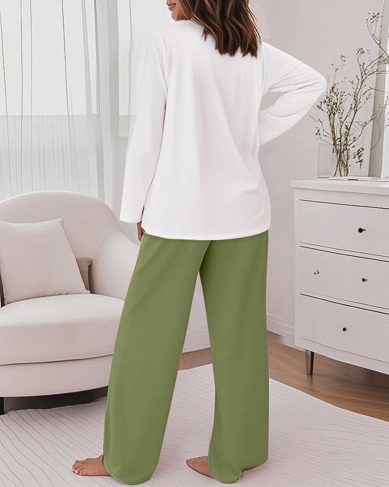 2 Pieces Outfit Floral Placement Print Long Sleeve Drop Shoulder Top and Elastic Waist Pants Set Causal Pajamas Set