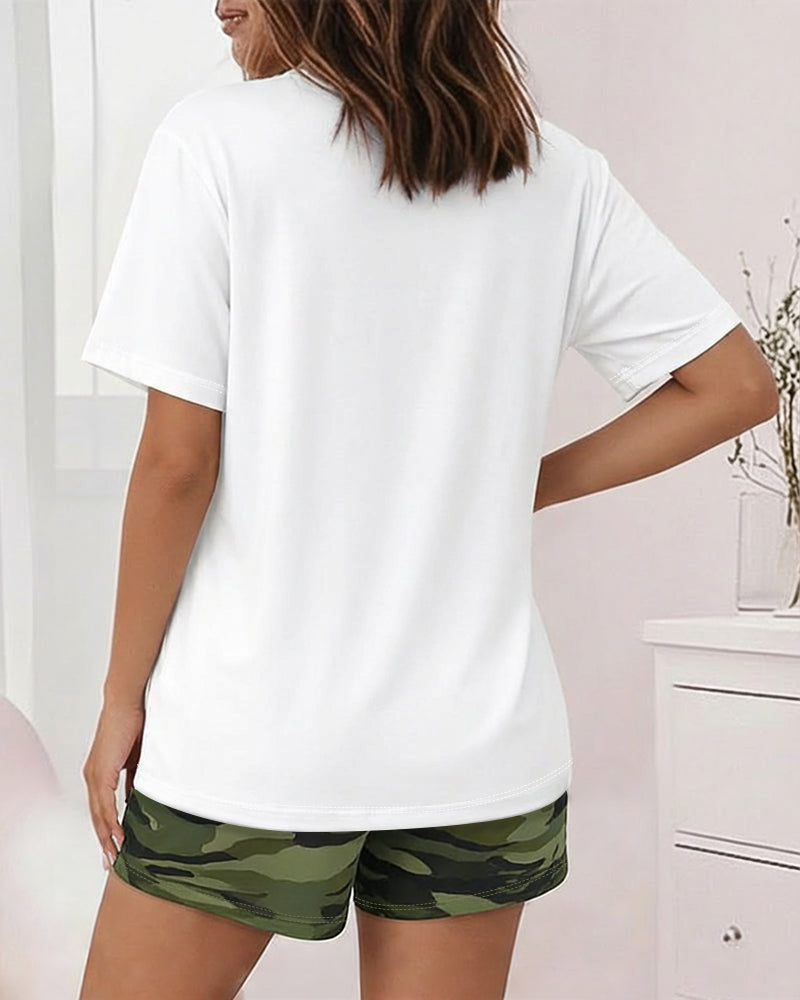 2 Pieces Outfit NOPE Not Today Slogan Print Round Neck Short Sleeve Top and Camouflage Print Elastic Waist Shorts Set Casual Pajamas Set