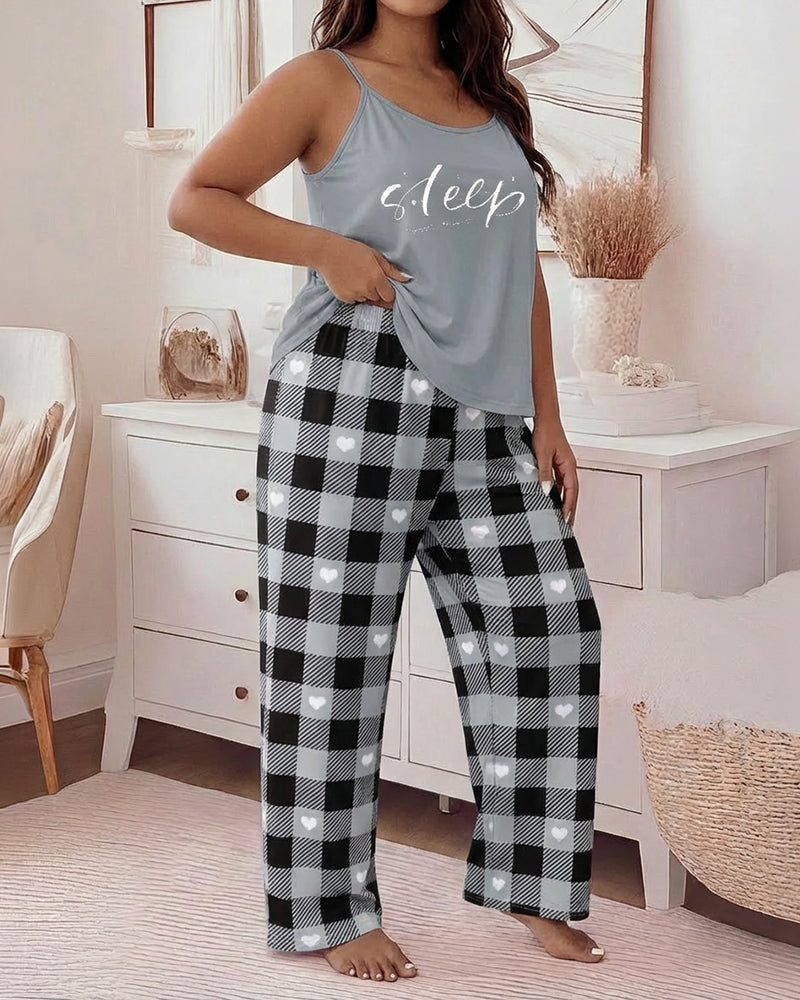 2 Pieces Outfit Eyelash & Sleep Letter Print U-Neck Adjustable Spaghetti Straps Cami Top and Plaid & Heart Print Elastic Waist Wide Leg Pants Set Casual Pajamas Set