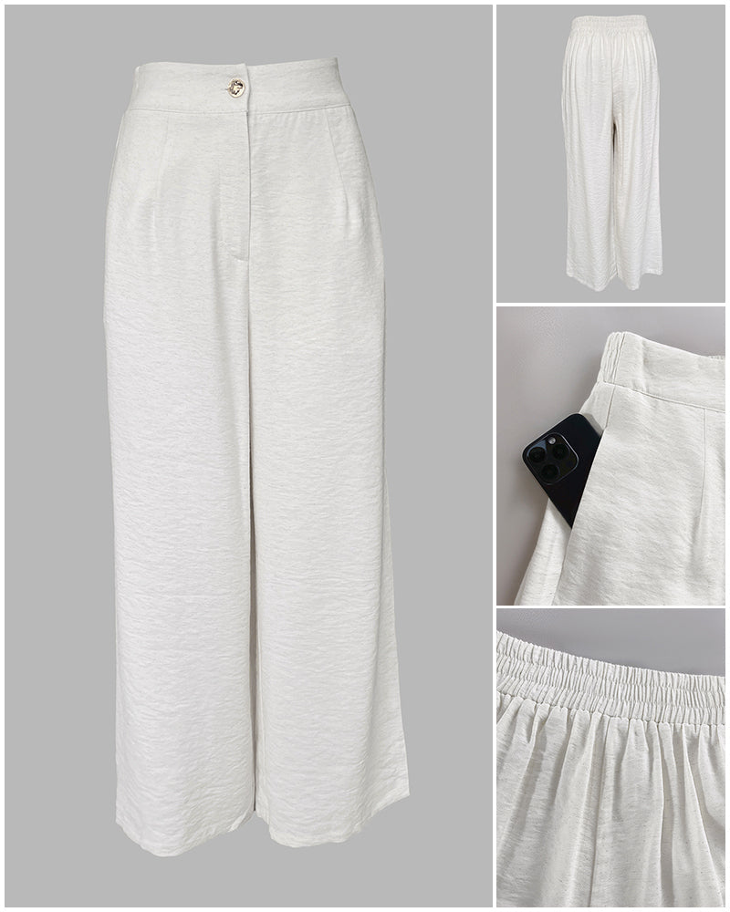 2 Pieces Outfits V Neck Sleeveless Button Front Vest Crop Top And Casual Zipper Fly Elastic Back Waist Wide Leg Pants Set