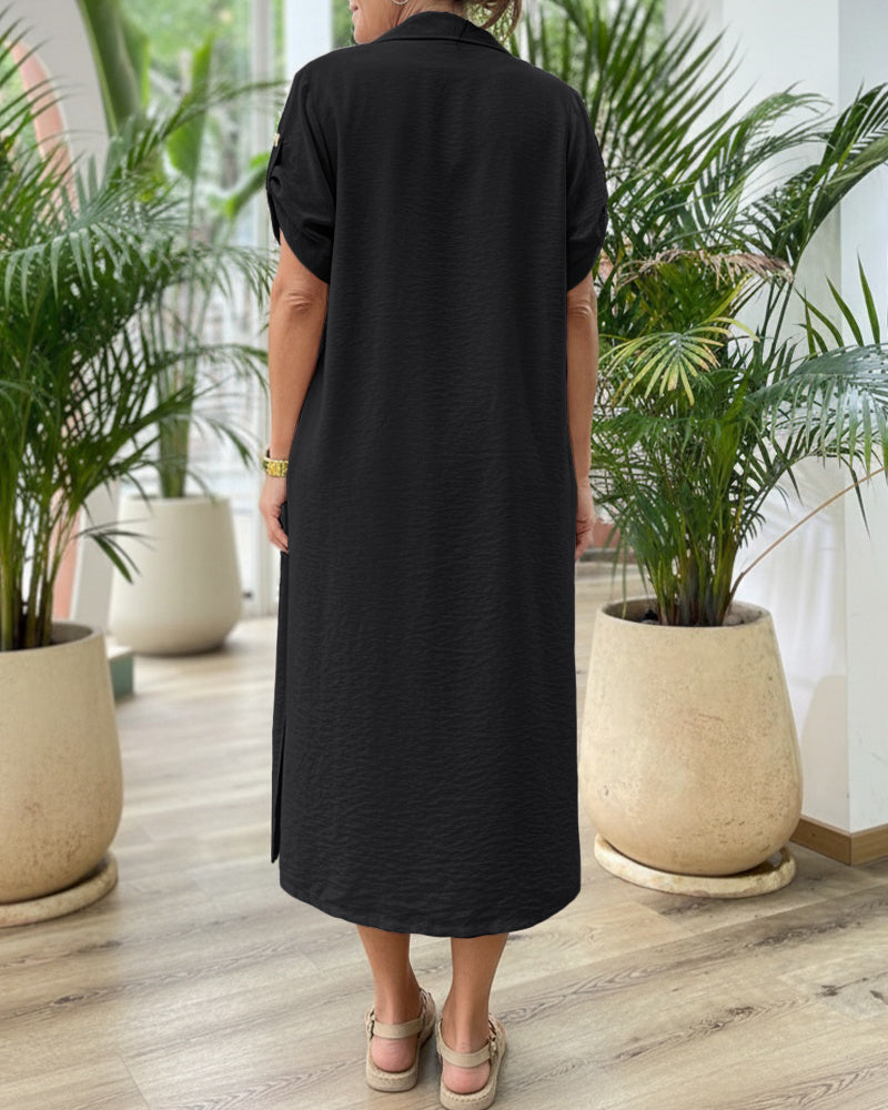 2 Pieces Outfit Turn-down Collar Roll Up Sleeve Button Front Side Slit Mid-length Shirt and Drawstring Elastic Waist Shorts Set Casual Textured Vacation Set