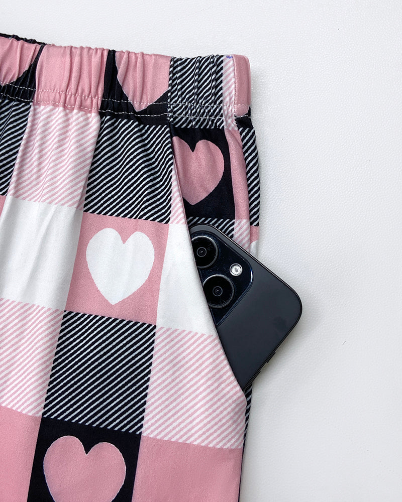 2 Pieces Outfit Floral Print Short Sleeve Top and Casual Plaid Heart Pattren Lounge Pants Set