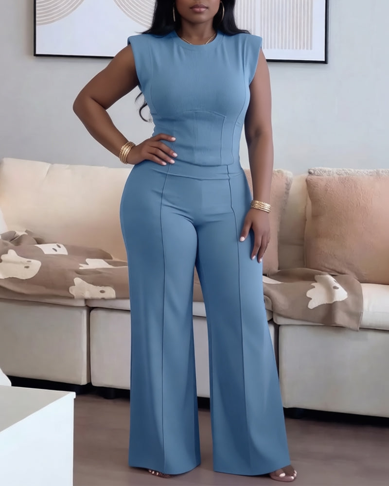 2 Pieces Outfit O-neck Sleeveless Padded Shoulders Cinched Waist Crop Top and Elastic Waist Seam Front Wide Leg Pants Set
