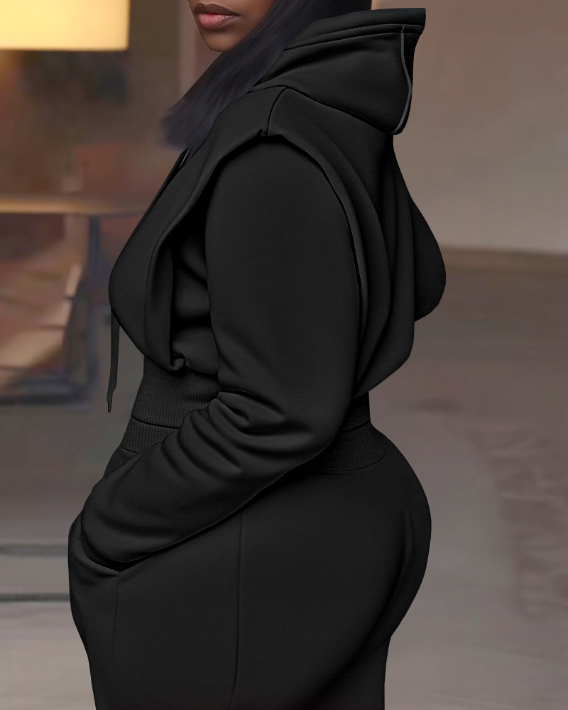 2 Pieces Outfit Rhinestone Graphic & Letter Pattern 3D Design Crop Drawstring Hoodie Sweatshirt and Casual Drawstring Elastic Waist Wide Leg Sweatpants Set