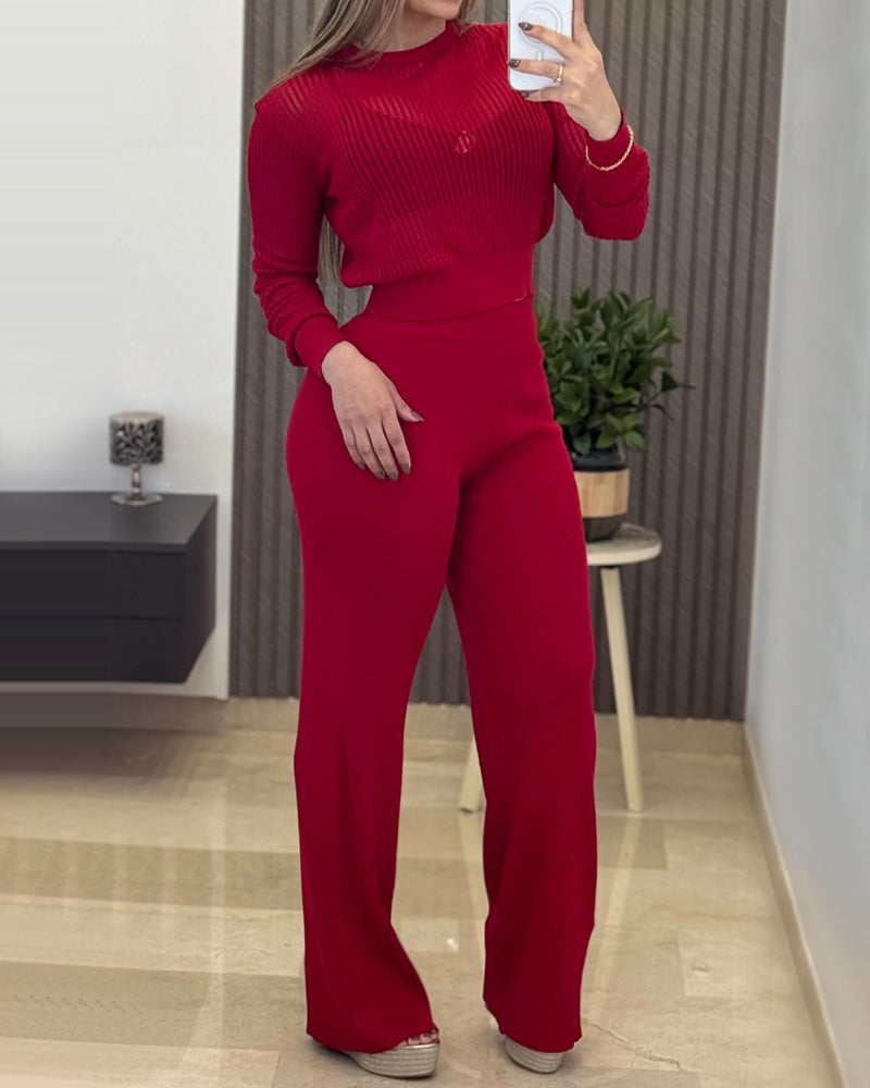 Round Neck Long Sleeve Vertical Pit Texture Top and Casual Wide Leg Pants Set