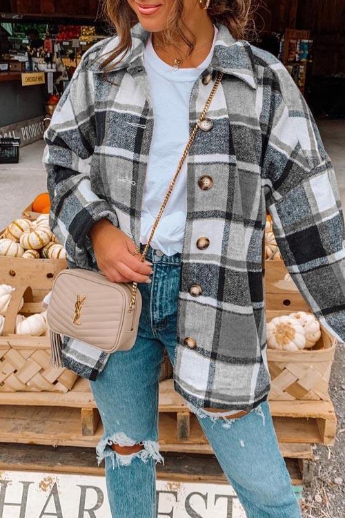 England Plaid Metal Button Thick Shirt Coat