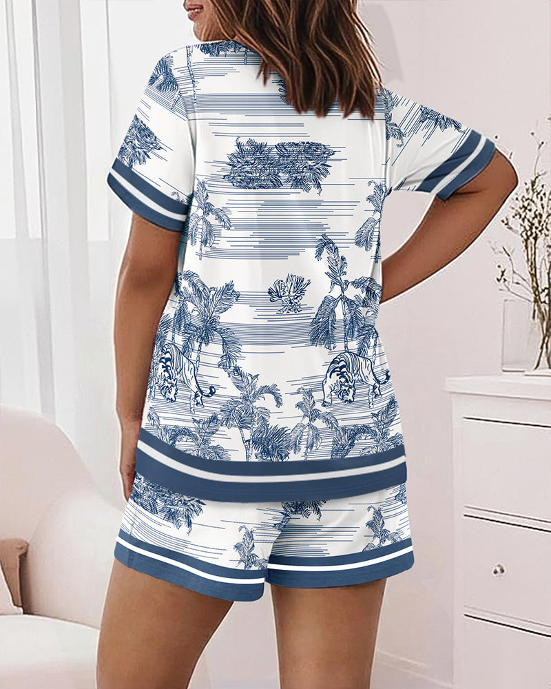 2 Pieces Outfit Round Neck Short Sleeve Top and Elastic Waist Shorts Set Casual Animal & Plants Print Contrast Paneled Pajamas Set