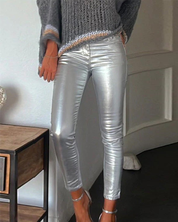 Metallic Skinny PU Leggings Pants