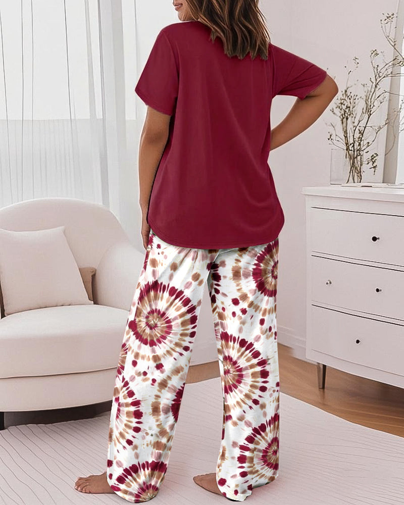 2 Pieces Outfit Faith Letter Print Short Sleeve Top and Tie Dye Print Elastic Waist Pants Set Casual Pajamas Set