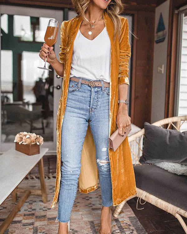 Loose Elastic Velvet Long Cardigan Jacekt Coat
