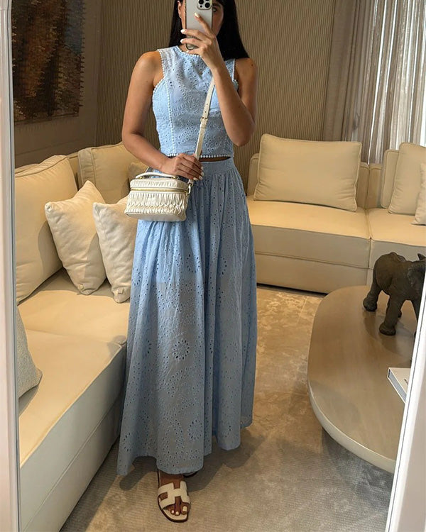 Cotton Hollow Out  Sleeveless Top & Skirt 2 Pieces Set