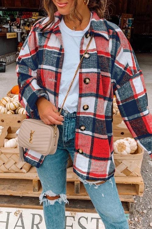 England Plaid Metal Button Thick Shirt Coat