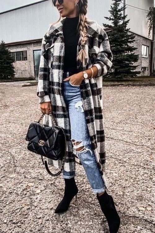 New Fashion Plaid Long Woolen Coat