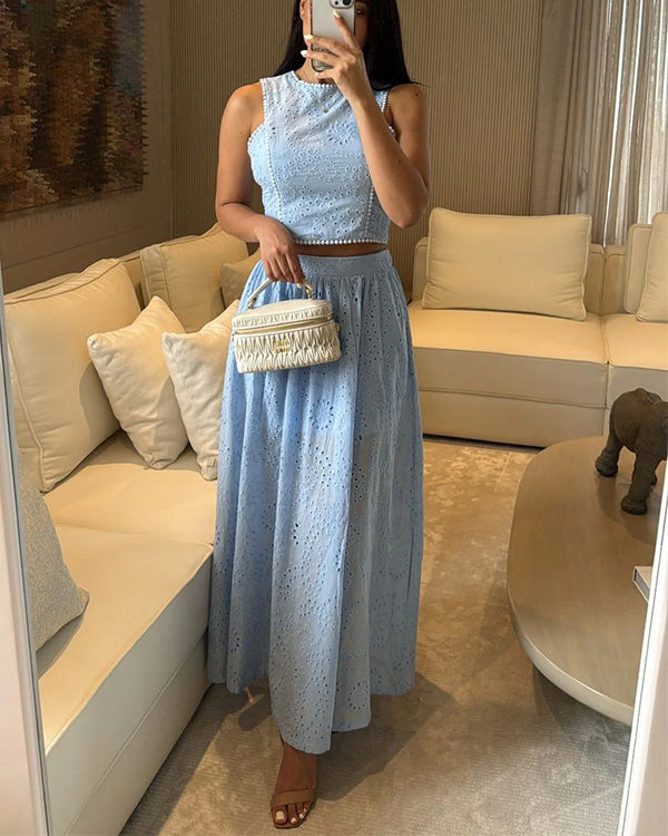 Cotton Hollow Out  Sleeveless Top & Skirt 2 Pieces Set