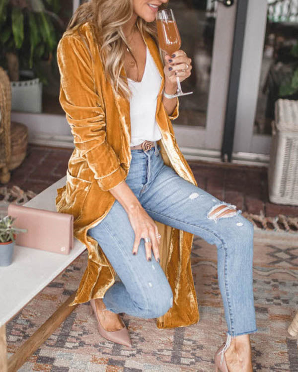 Loose Elastic Velvet Long Cardigan Jacekt Coat