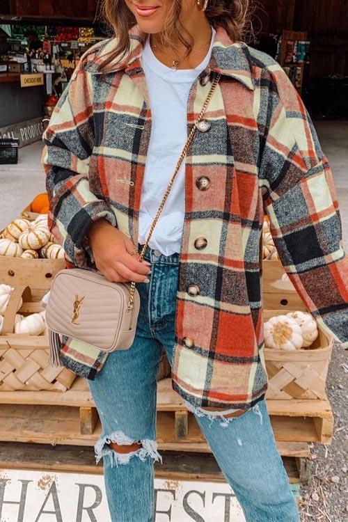 England Plaid Metal Button Thick Shirt Coat