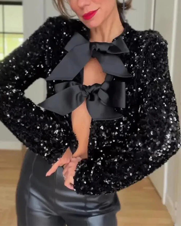 Sequin Bowknot Close 2 Way Style Jacket