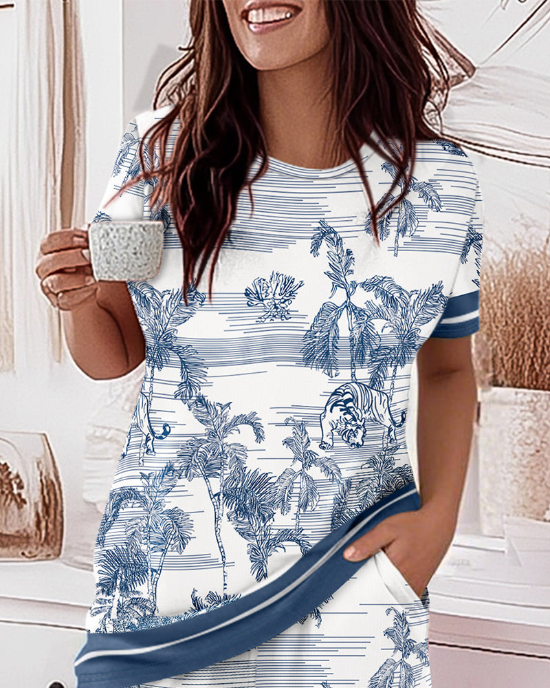 2 Pieces Outfit Round Neck Short Sleeve Top and Elastic Waist Shorts Set Casual Animal & Plants Print Contrast Paneled Pajamas Set