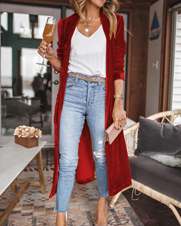 Loose Elastic Velvet Long Cardigan Jacekt Coat
