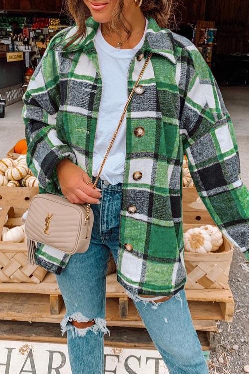 England Plaid Metal Button Thick Shirt Coat