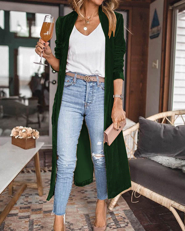 Loose Elastic Velvet Long Cardigan Jacekt Coat