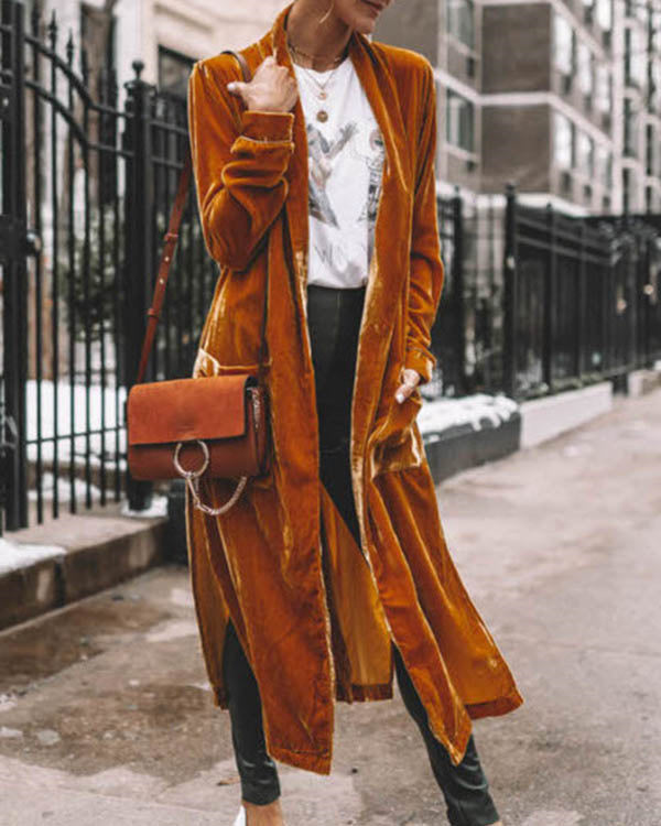 Loose Elastic Velvet Long Cardigan Jacekt Coat