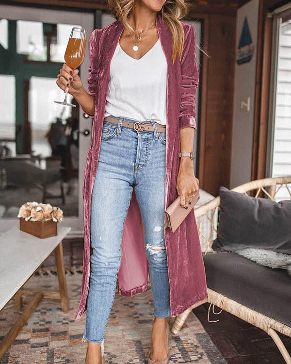 Loose Elastic Velvet Long Cardigan Jacekt Coat