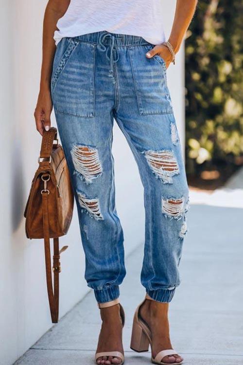 Elastic Waist Ripped Denim Jeans