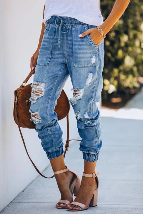 Elastic Waist Ripped Denim Jeans
