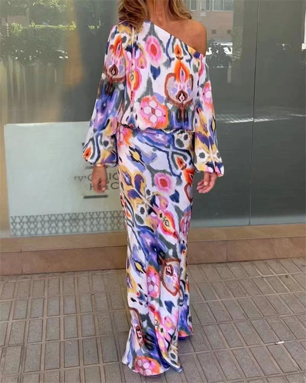 Floral Print One-Shoulder Top & Skirt 2 Pieces Set