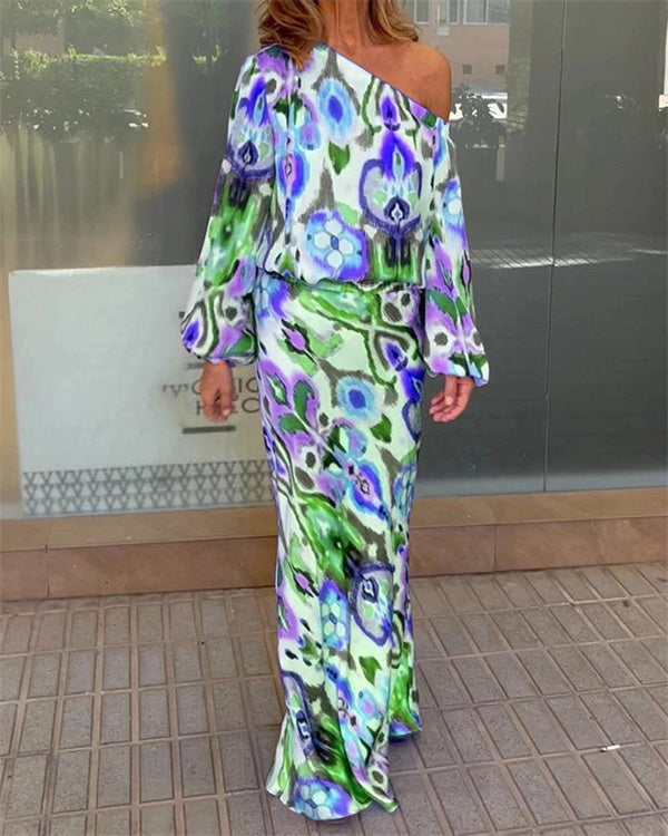 Floral Print One-Shoulder Top & Skirt 2 Pieces Set