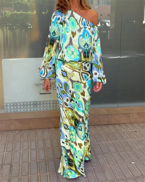 Floral Print One-Shoulder Top & Skirt 2 Pieces Set