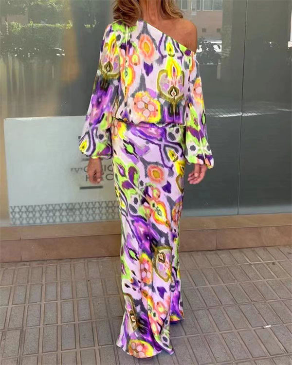 Floral Print One-Shoulder Top & Skirt 2 Pieces Set