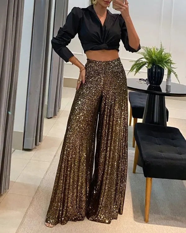 Sequin Wide Leg Skirt Pants