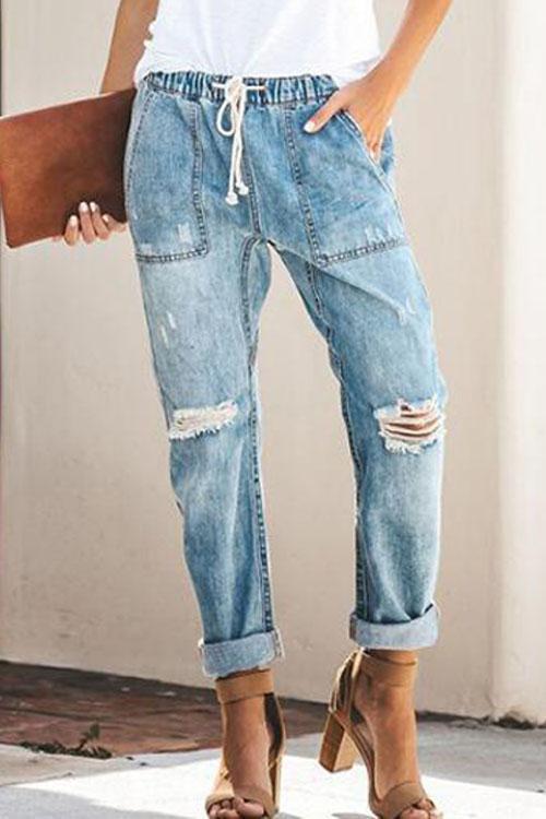 Elastic Waist Ripped Jeans