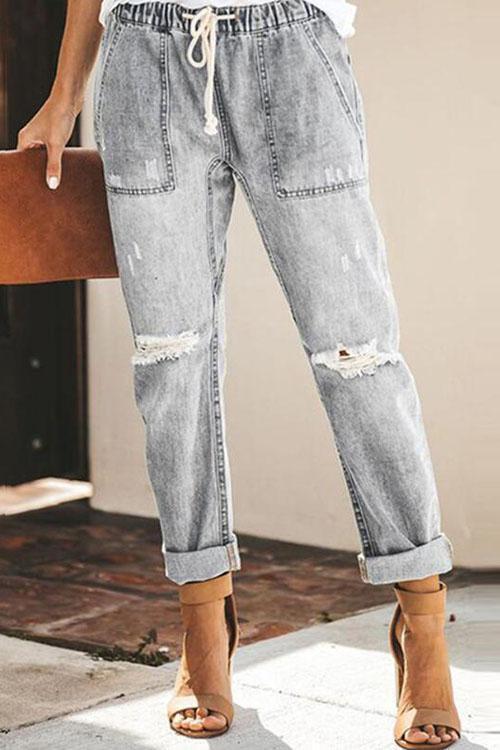 Elastic Waist Ripped Jeans