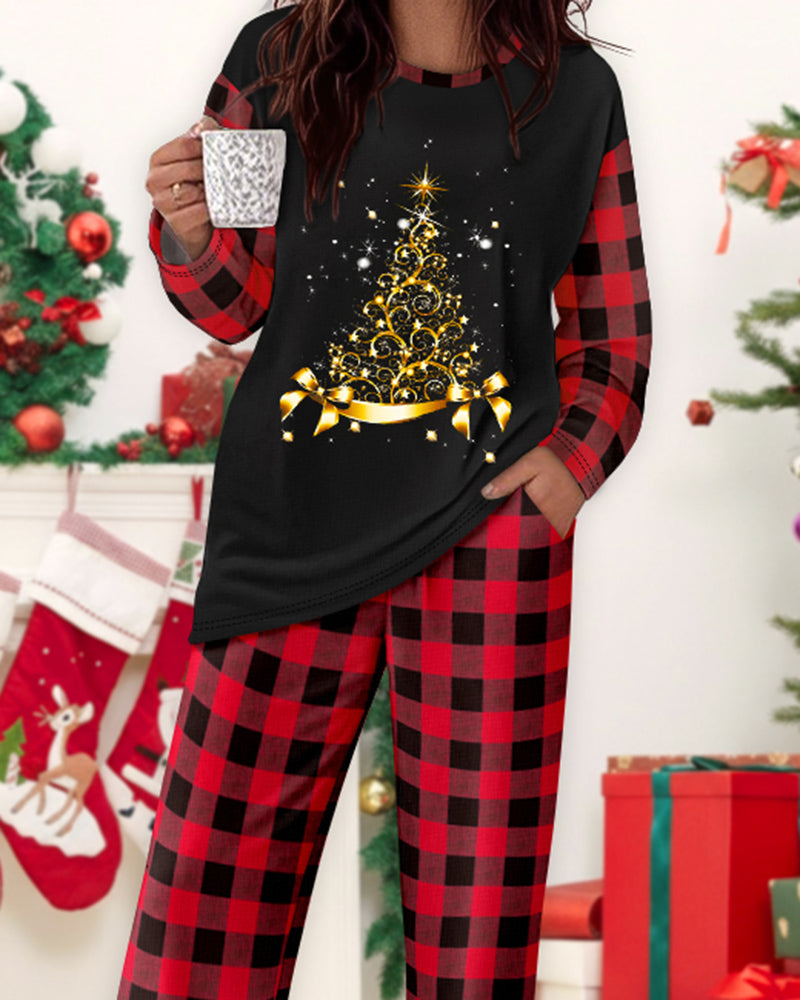 2 Pieces Outfit Christmas Tree Print Plaid Print Spliced Long Sleeve Top and Plaid Print Elastic Waist Pants Set Casual Pajamas Set