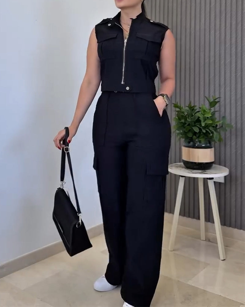 Stylish Plain Two-piece Set 3D Cargo Pockets Sleeveless Tank Top and Casual High Waist Wide Leg Pants Set