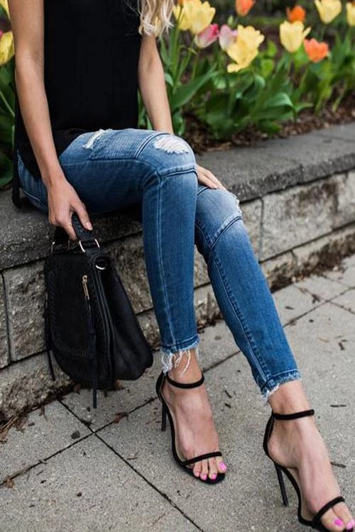 Elastic Worn Out Wrinkle Jeans
