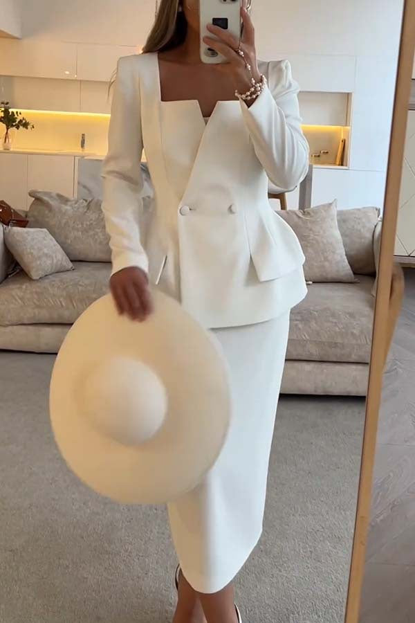 2 Button Suit Blazer and Skirts 2 Pieces Set