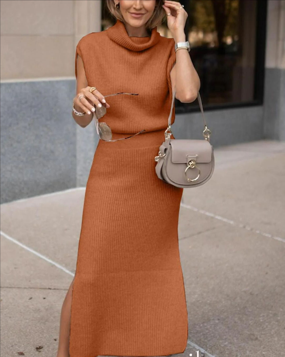 Knitting Pile Collar Top & Skirt Set