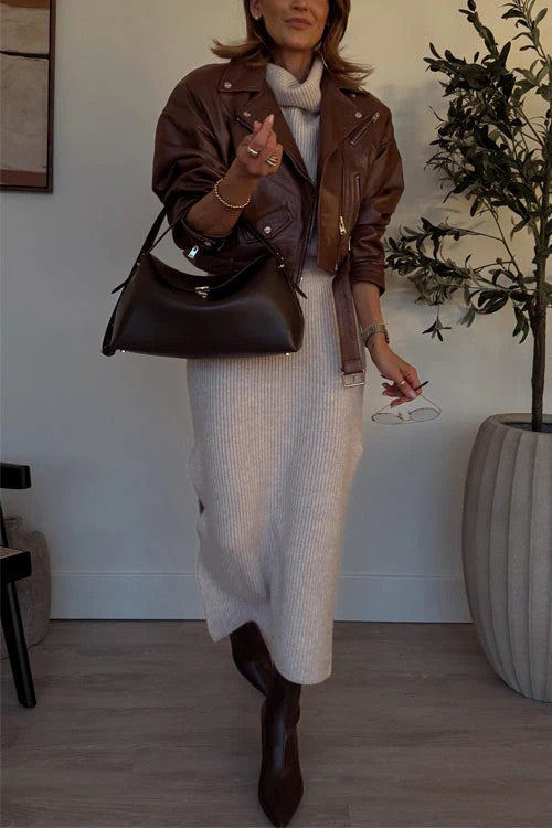 Knitting Pile Collar Top & Skirt Set