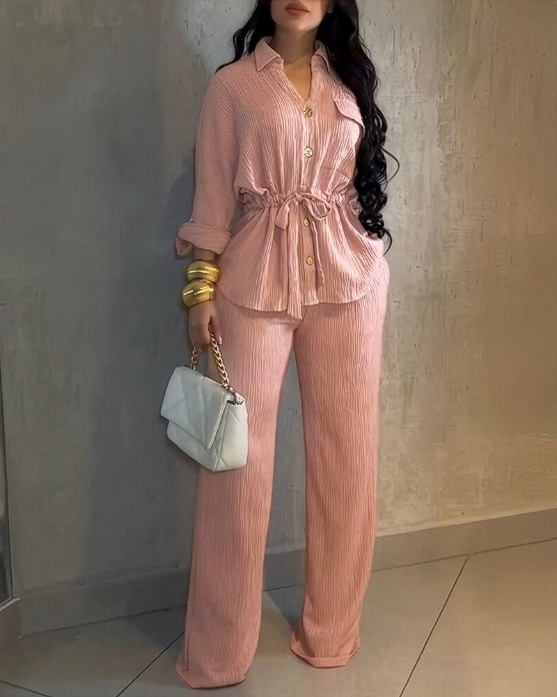 2 Pieces Outfit Vintage Turn-down Collar Roll Up Sleeve Button Front Flap Pocket Design Waist Drawstring Top and Elastic Waist Wide Leg Pants Set Casual Textured Commuting Set