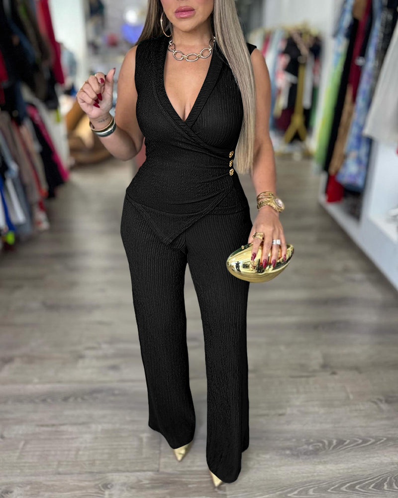 2 Pieces Outfit Overlap Deep V-Neck Sleeveless Side Button Decor Asymmetrical Hem Slim Fit Top and Elastic Waist Wide Leg Pants Set Casual Ribbed Set